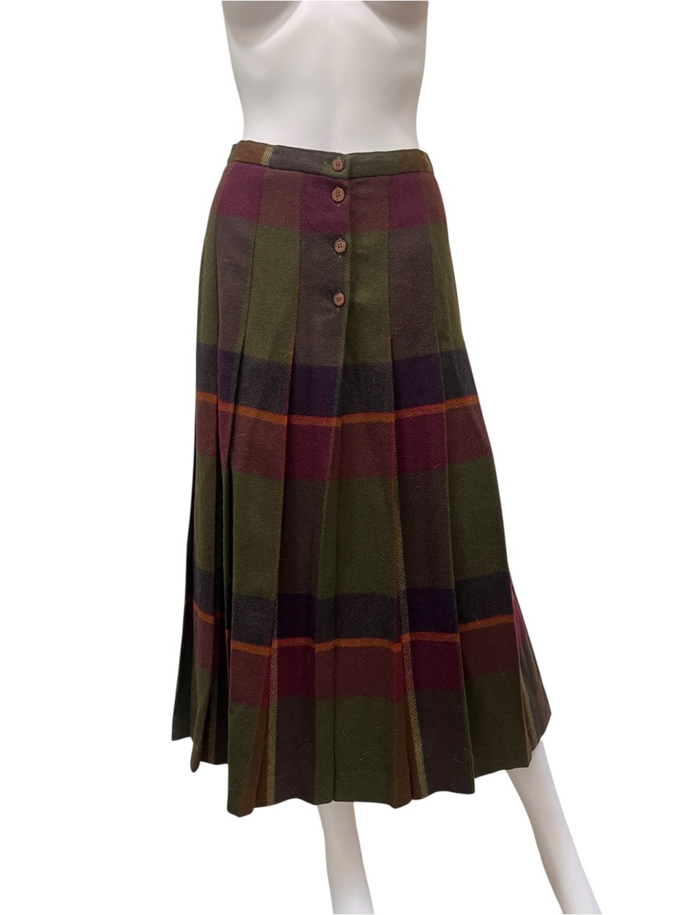 Vintage Wool Olive Plaid Midi Skirt, Tartan Pleated, Size S, Irish